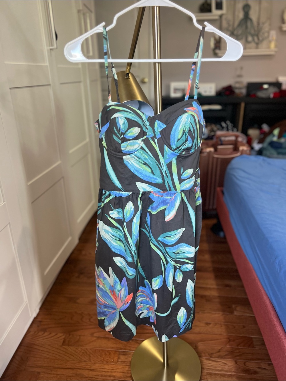 Lauren Conrad Floral Sweetheart Sundress in Brown with Blue-Green Blooms